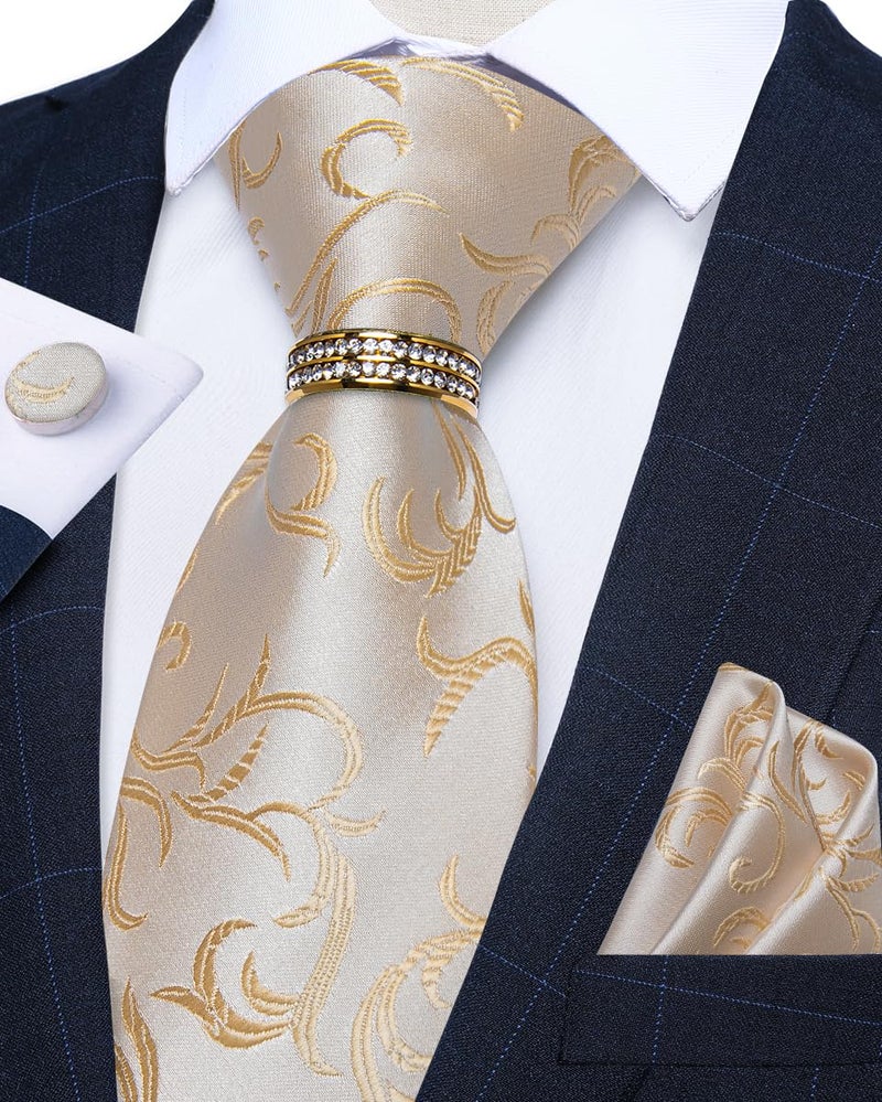 DiBanGu Mens Tie Set Silk Necktie and Gold Tie Ring Pocket Square Cufflinks Formal Business Wedding Ties with Gift Box, Champagne Gold - Image 3